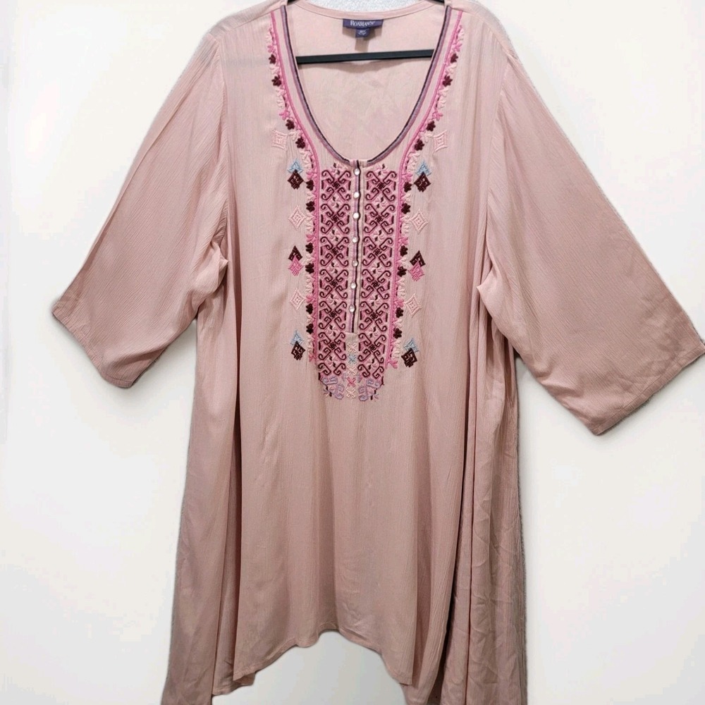 ROAMAN'S‎ size 24W Blush Mauve Embroidered Long ASYMMETRICAL Tunic Top Boho